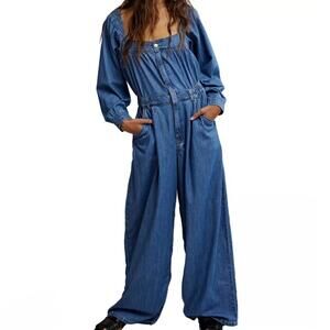 NWT Free People Clara Denim Jumpsuit with Open Back and Wide Legs size S